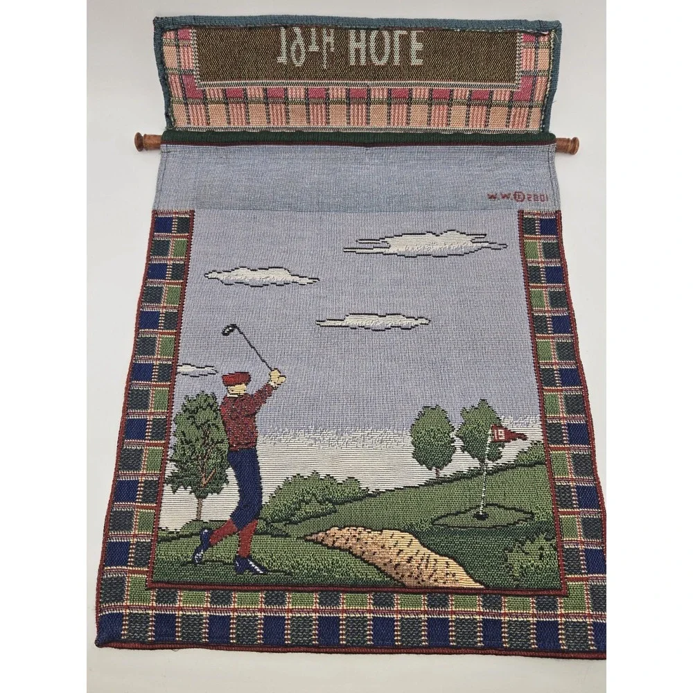19th Hole Golf Tapestry Wall Hanging W.W. 2001 Plaid Golfer Wood Rod Decor